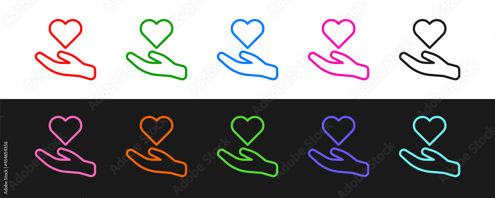 Set line Heart in hand icon isolated on black and white background. Hand giving love symbol. Valenti