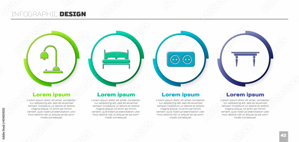 套装台灯、大床、电源插座和木桌。商业信息图模板。矢量
