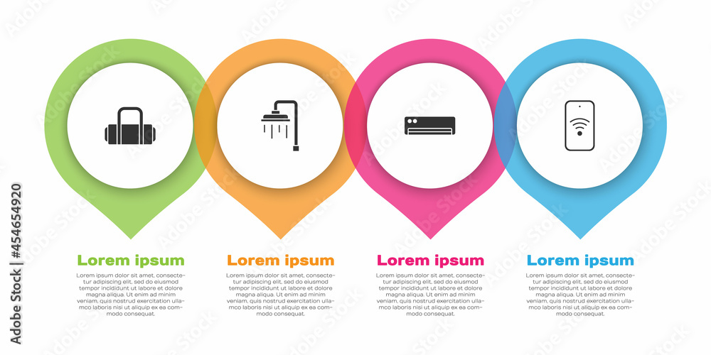 使用无线网络设置手提箱、淋浴器、空调和手机。商业信息图模板。