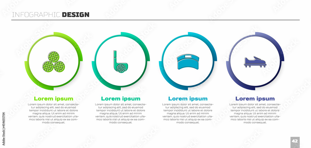 设置高尔夫球、球杆、遮阳帽和鞋子。商业信息图模板。矢量