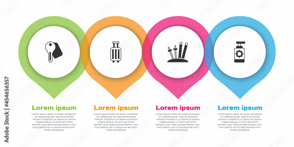 设置酒店门锁钥匙、手提箱、滑雪杖和防晒喷雾瓶。商业信息图t