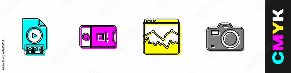 设置MP4文件文档、照片和视频拍摄、音乐均衡器和相机图标。矢量