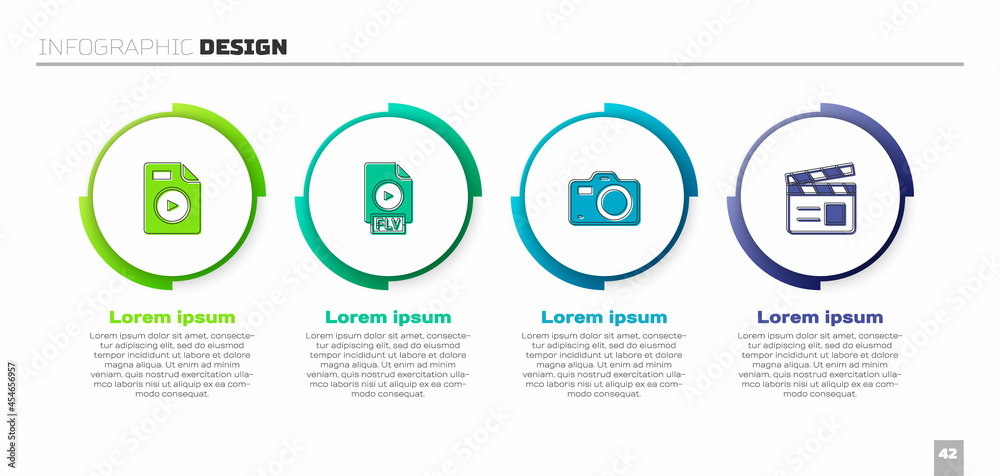 设置AVI文件文档、FLV、照相/摄像机和电影拍板。商业信息图模板。矢量