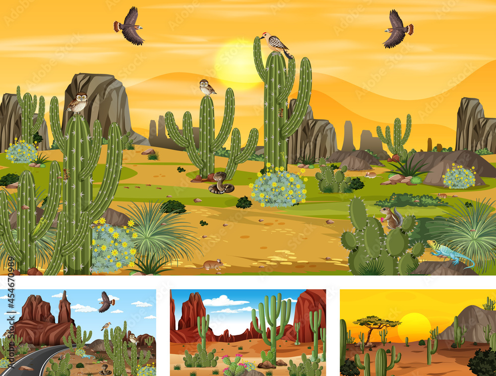 Different desert forest scenes with animals and plants