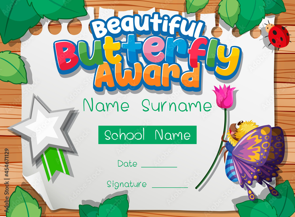 Certificate template with Beautiful Butterfly Award