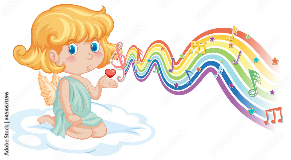 Cupid girl with melody symbols on rainbow wave