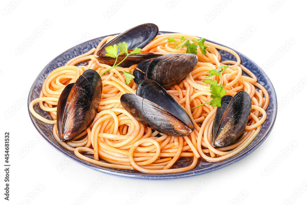 Plate of tasty Mussels Marinara with spaghetti on white background