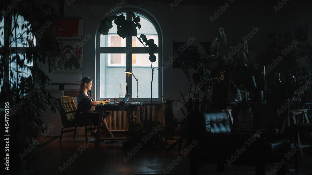 Young Female Professional Works on a Desktop Computer in Creative Agency in Authentic Loft Office. R