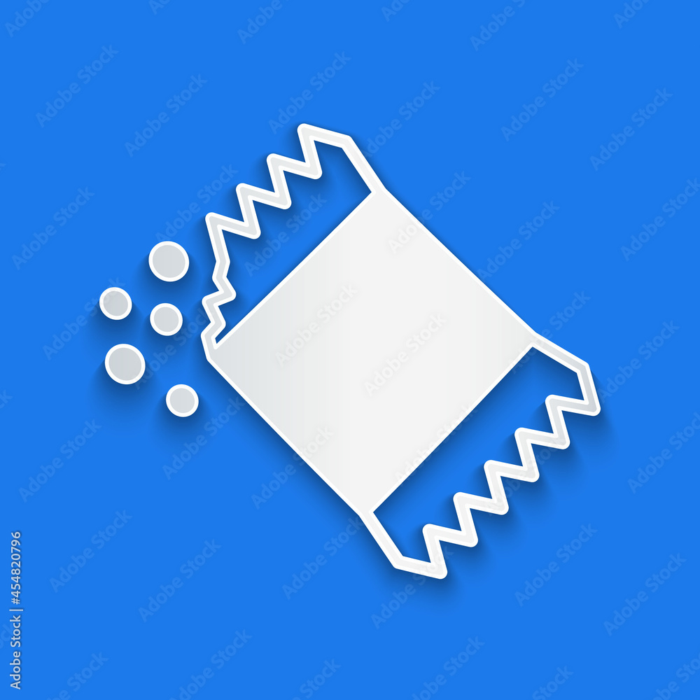 Paper cut Packet of pepper icon isolated on blue background. Paper art style. Vector