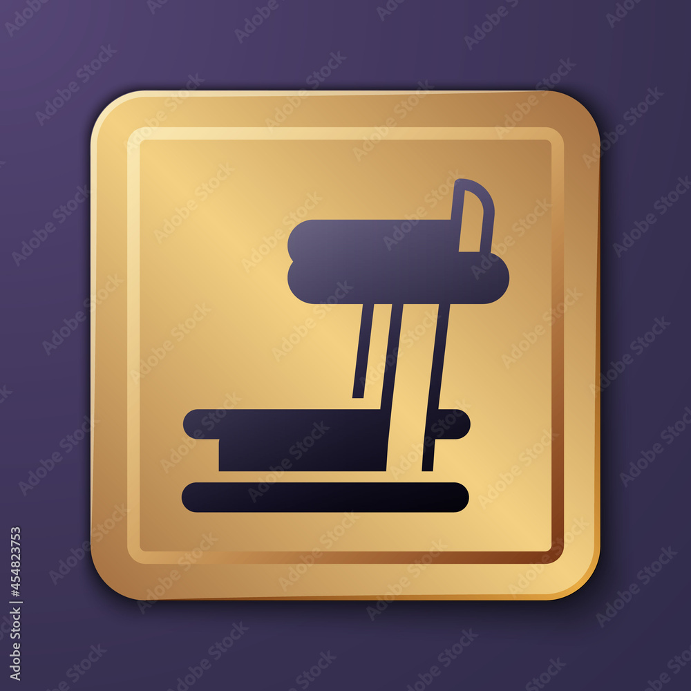 Purple Treadmill machine icon isolated on purple background. Gold square button. Vector