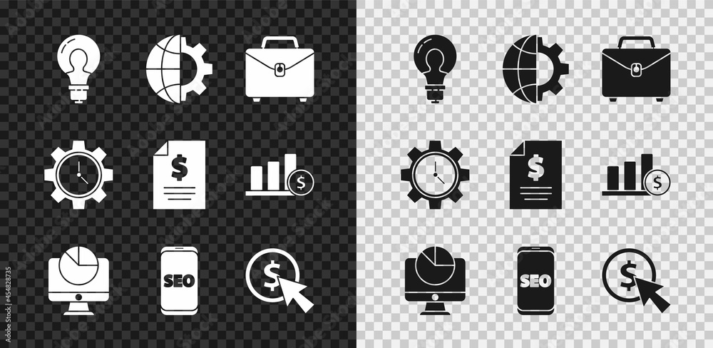 Set Light bulb with concept of idea, Globe the Earth and gear, Briefcase, Computer monitor graph cha