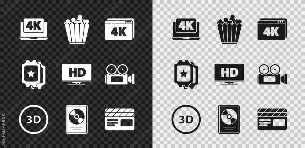 将笔记本电脑设置为4k视频，盒装爆米花，在线播放，3D单词，CD盘颁奖框，电影拍板，