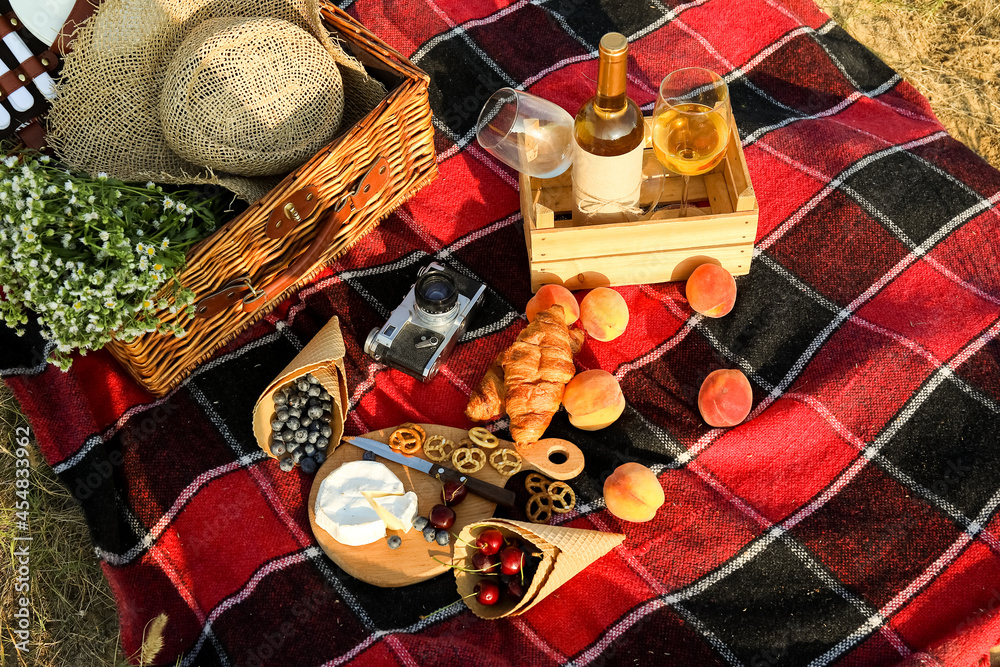 Tasty food and drink for romantic picnic outdoors