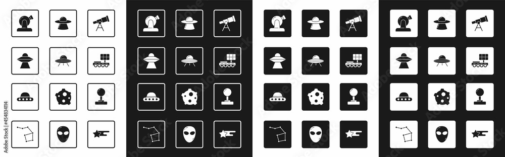 设置望远镜、不明飞行物飞行飞船、天文台、火星车、操纵杆和图标。矢量