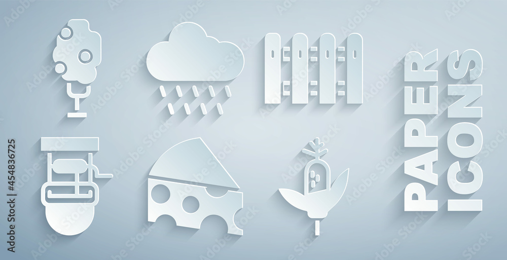 Set Cheese, Garden fence wooden, Well with bucket, Corn, Cloud rain and Tree apple icon. Vector