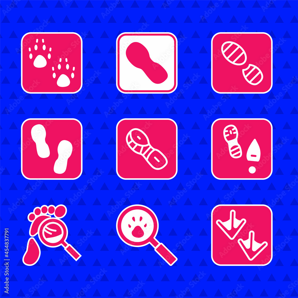 Set Human footprints shoes, Paw search, Goose paw, Magnifying glass with footsteps, and icon. Vector