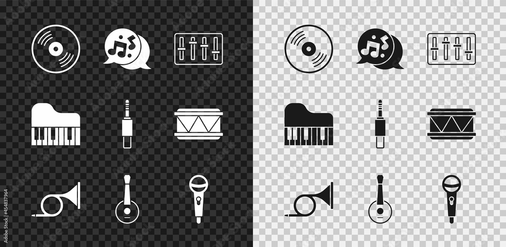 设置乙烯基唱片、音符、音调、混音器控制器、小号、班卓琴、麦克风、大钢琴和