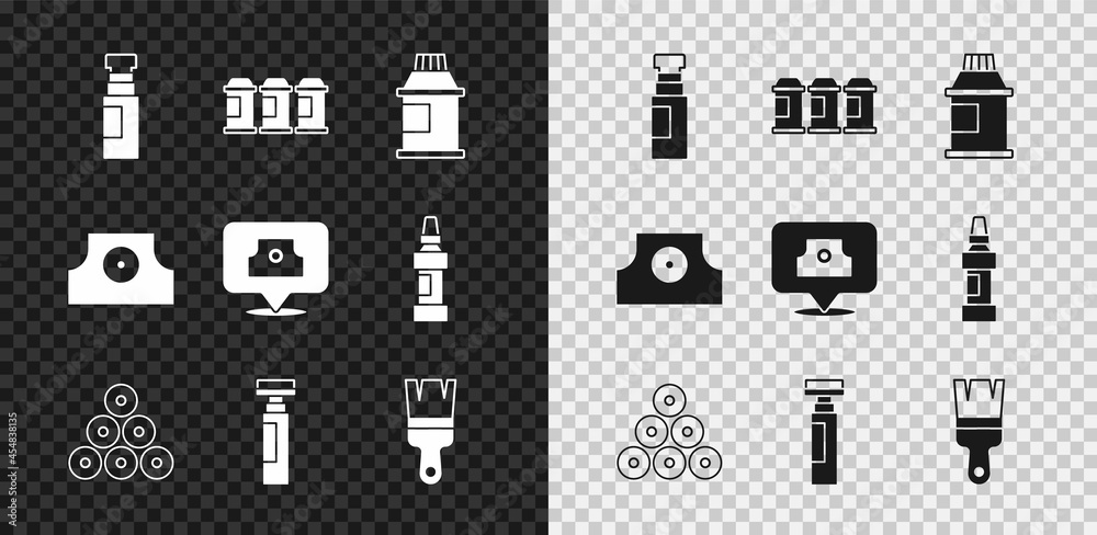 设置记号笔、喷漆罐、油漆、水粉、罐子、染料、刷子、喷嘴帽和图标。矢量