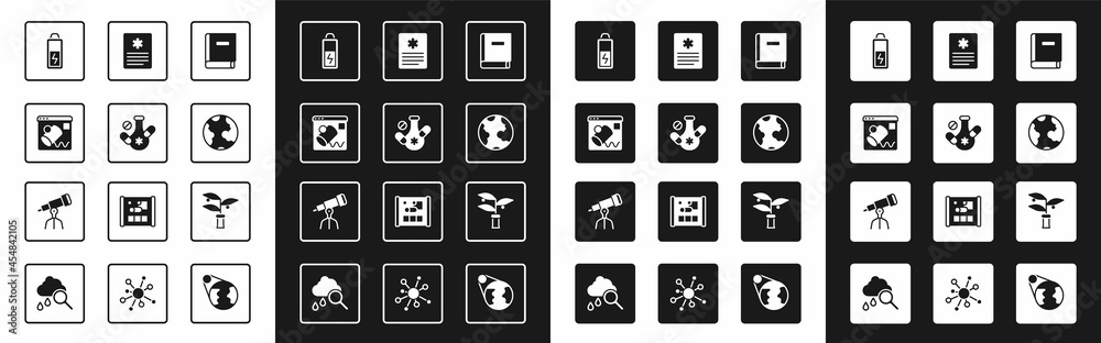 Set Science book，Medicine pill，Data visualisation，Battery，Earth globe，Patient record，Plant bre（设定科学书