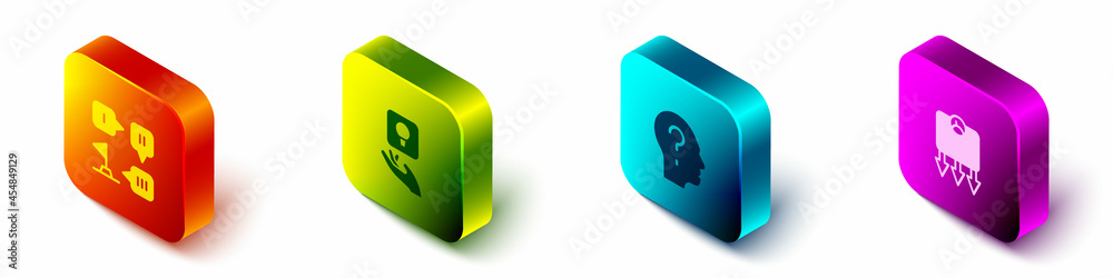 Set Isometric Planning strategy, Light bulb, Head with question mark and Weight loss icon. Vector