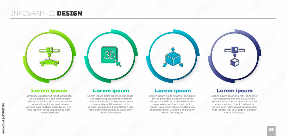 设置3D打印机汽车、等角立方体和.Business信息图模板.Vector