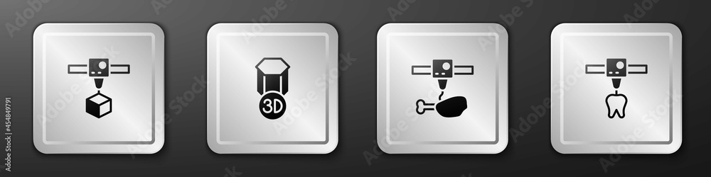 设置3D打印机立方体、鸡腿和牙齿图标。银色方形按钮。矢量