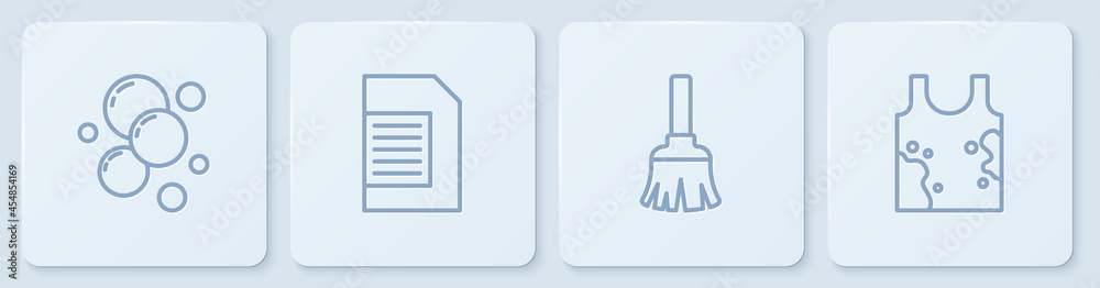 套装肥皂水泡、羽毛扫帚、洗衣液和脏t恤。白色方形按钮