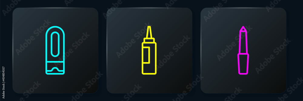 Set line Bottle of shampoo, Nail file and Cream or lotion cosmetic tube. Black square button. Vector