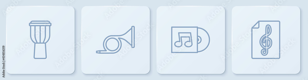 Set line Drum, Vinyl disk, Trumpet and Treble clef. White square button. Vector