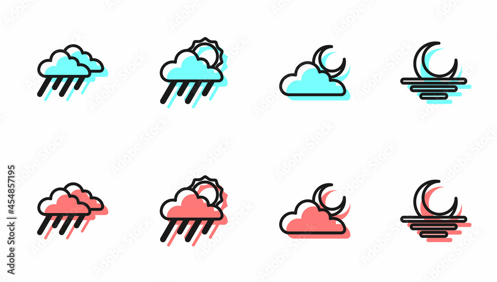 用月亮、雨水、太阳和日落图标设置云线。矢量