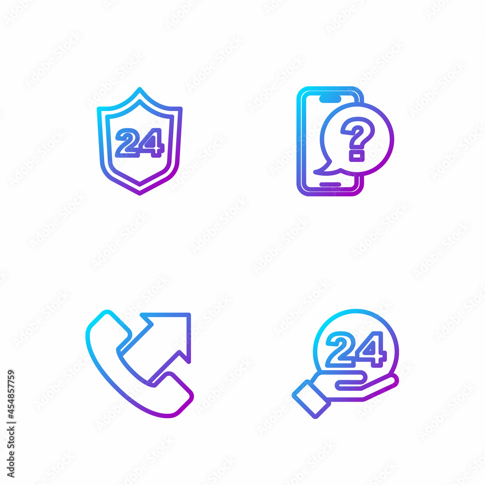 Set line Telephone 24 hours support, , and . Gradient color icons. Vector