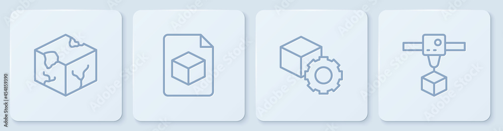 Set line Isometric cube, , file and 3D printer. White square button. Vector