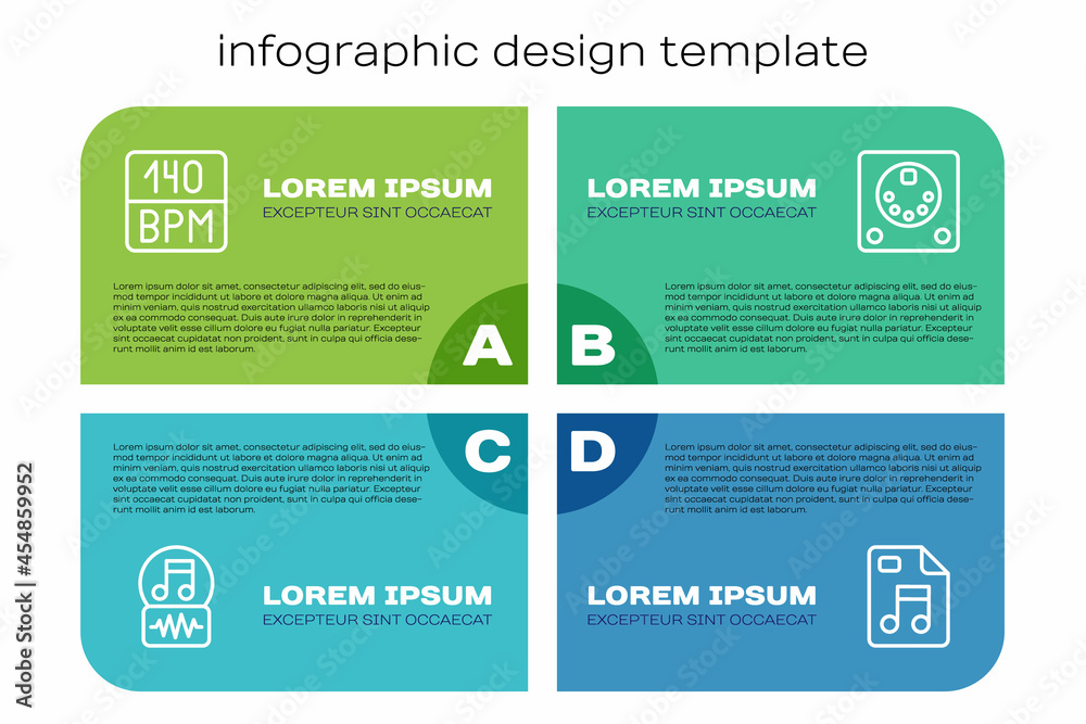 设置行音乐音符、音调、比特率、MP3文件文档和鼓机。商业信息图模板