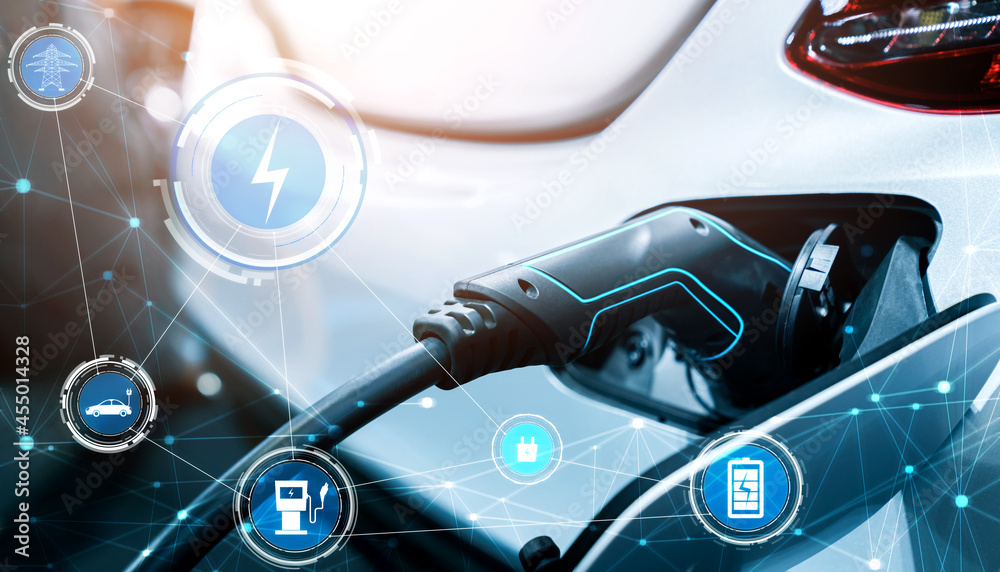 EV charging station for electric car in concept of alternative green energy produced from sustainabl