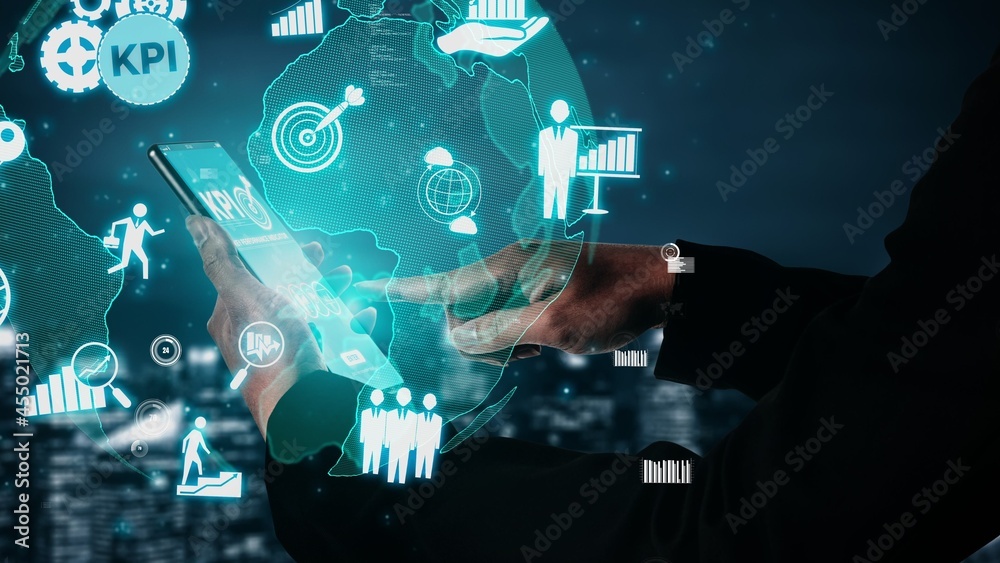 KPI Key Performance Indicator for Business conceptual - Modern graphic interface showing symbols of 