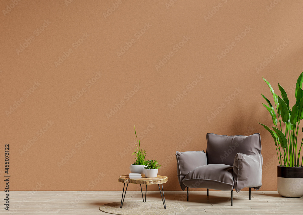 Armchair and wooden table in living room interior with plant,dark brown wall.