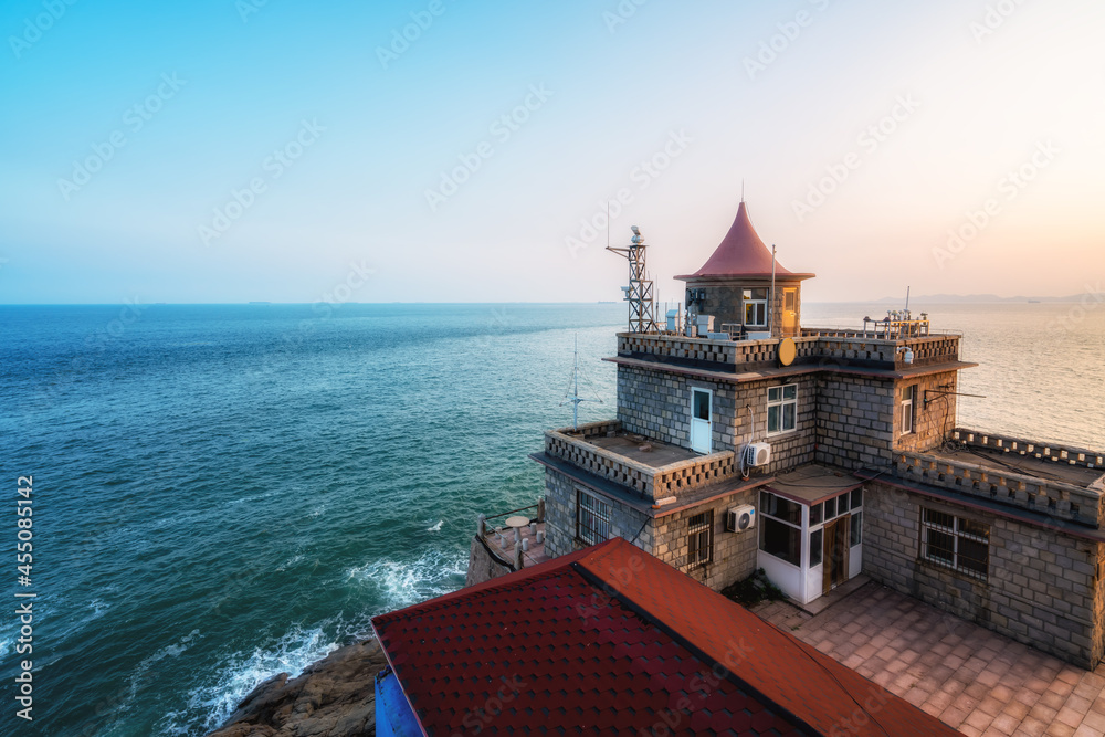 Close shot of Qingdao city coastline island lighthouse