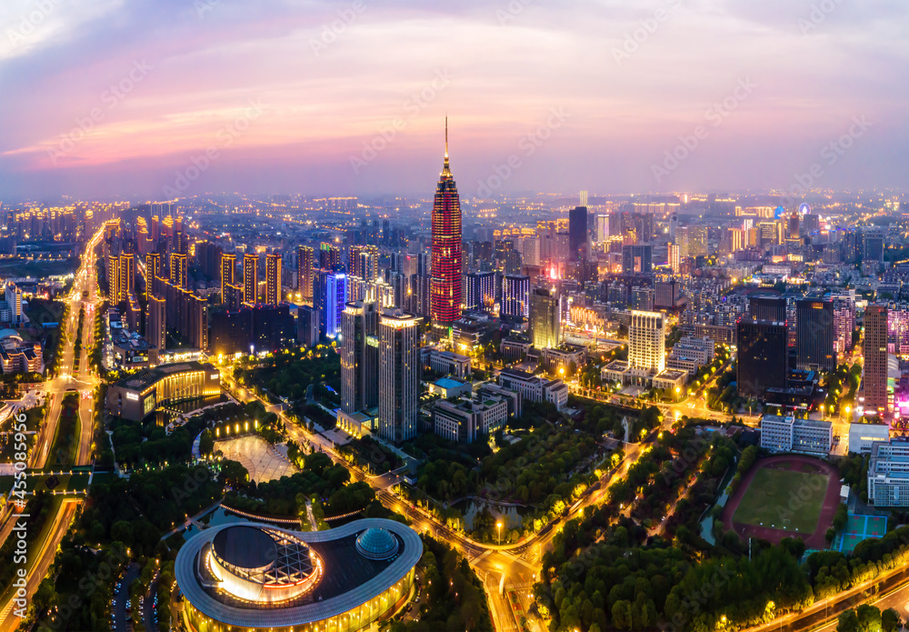 Aerial photography Changzhou city building skyline night view