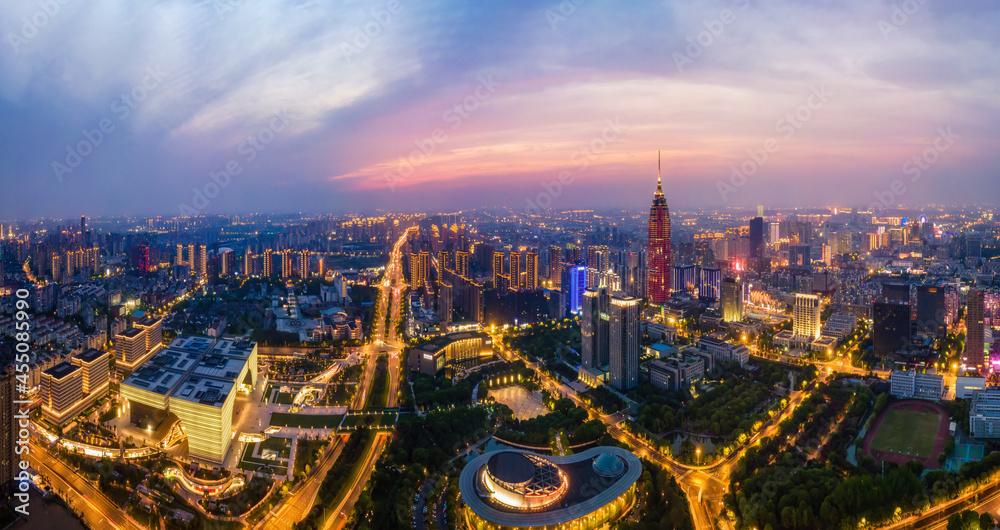 Aerial photography Changzhou city building skyline night view