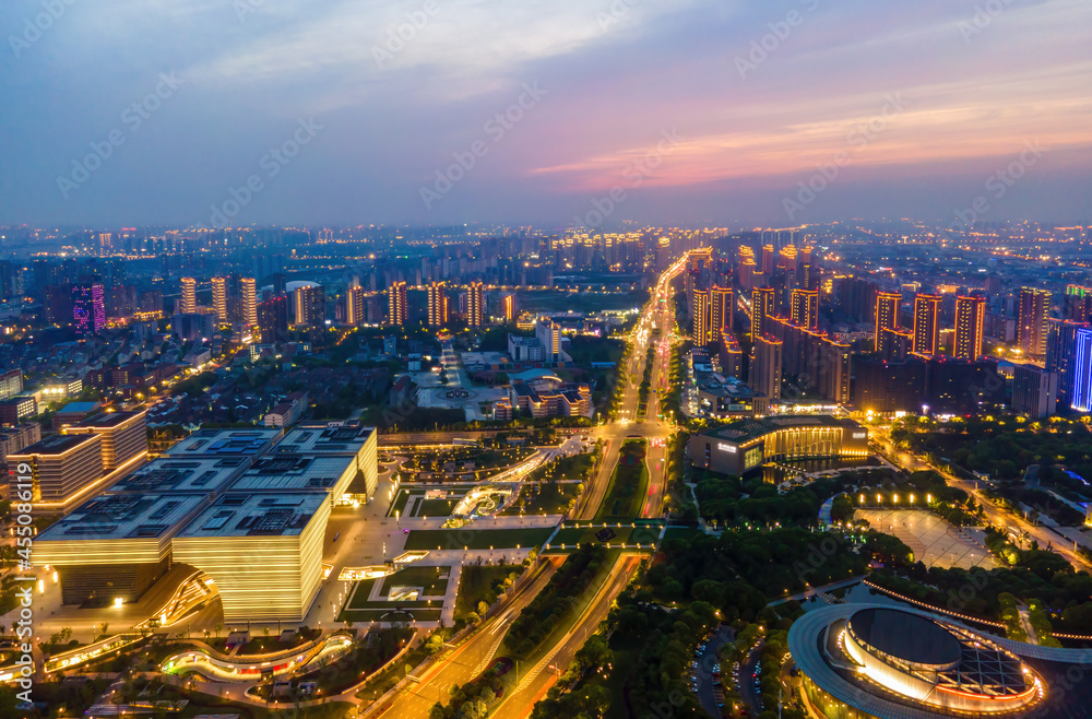 Aerial photography Changzhou city building skyline night view