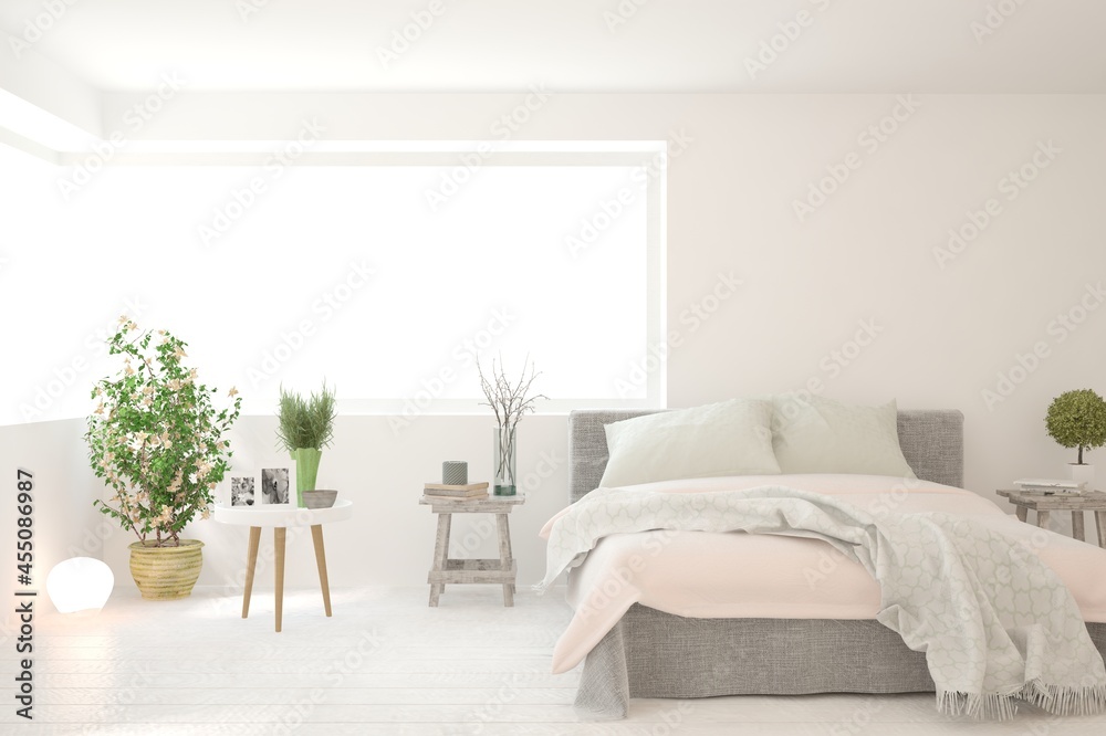 Soft color bedroom interior. Scandinavian design. 3D illustration