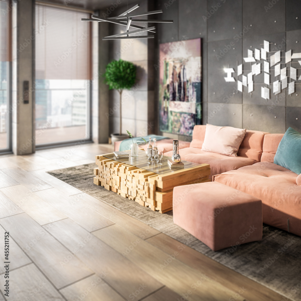 Elegant Sitting Group With a TV-Set Inside a Panthouse Apartment (focused) - 3D Visualization