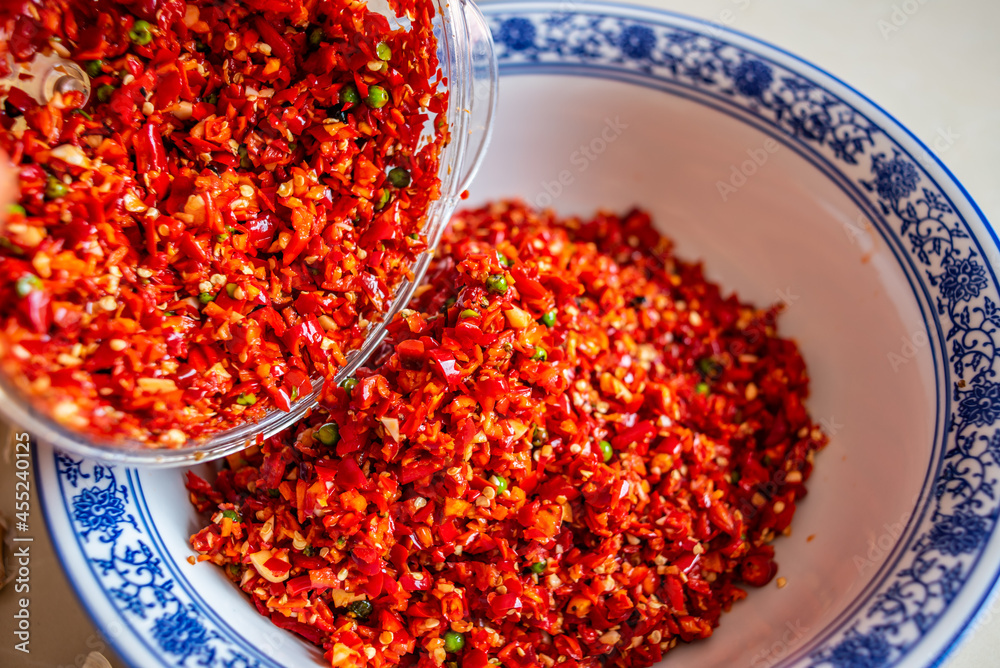 A bowl of spicy Litsea cubeba chili sauce