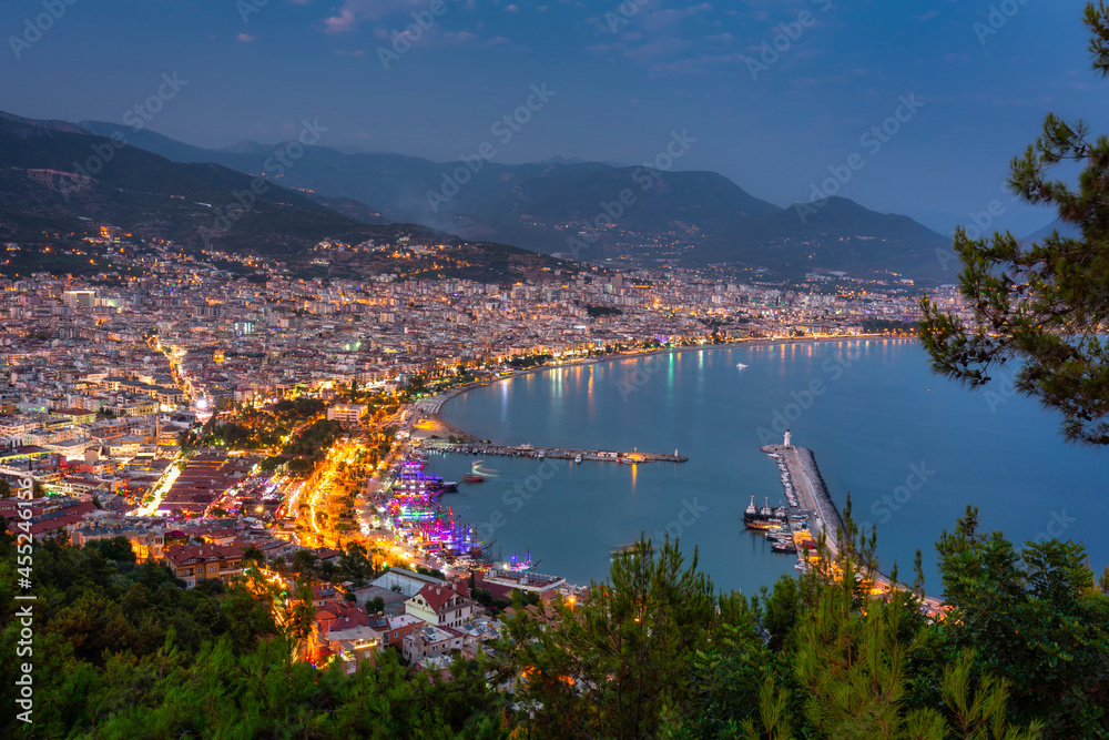 Alanya city scenery by the mediterranean sea at dusk. Turkey