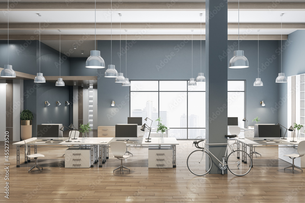 Modern coworking concrete office interior with city view, wooden flooring and daylight. 3D Rendering