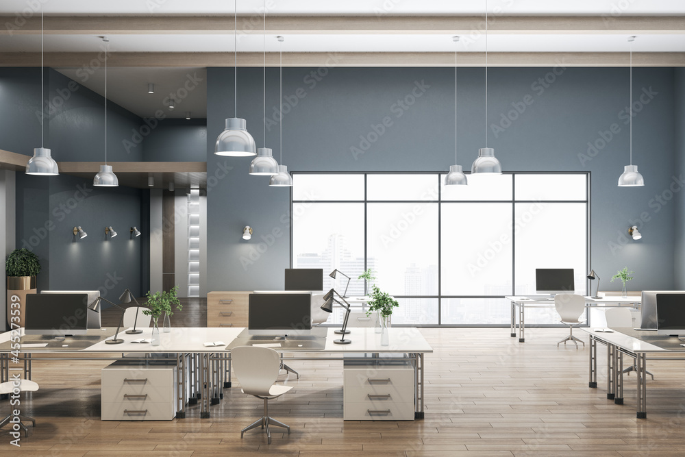 Luxury coworking concrete office interior with city view, wooden flooring and daylight. 3D Rendering