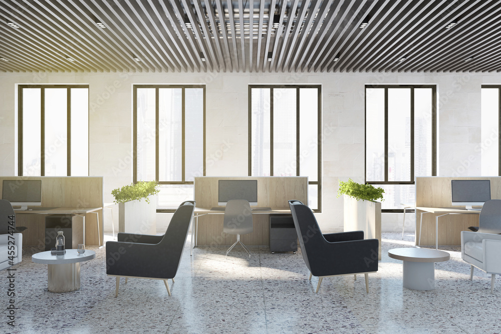 Coworking office interior with equipment, furniture, city view and sunlight. 3D Rendering.