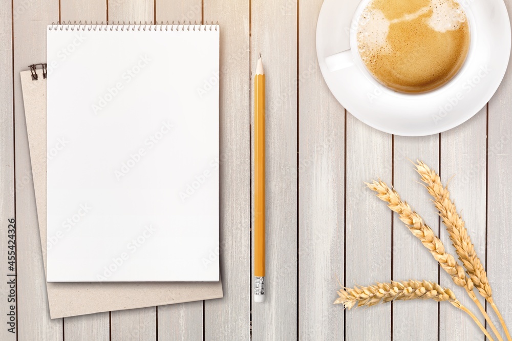 office desk workspace with notebook, pencil, coffee, business, work, mockup concept.