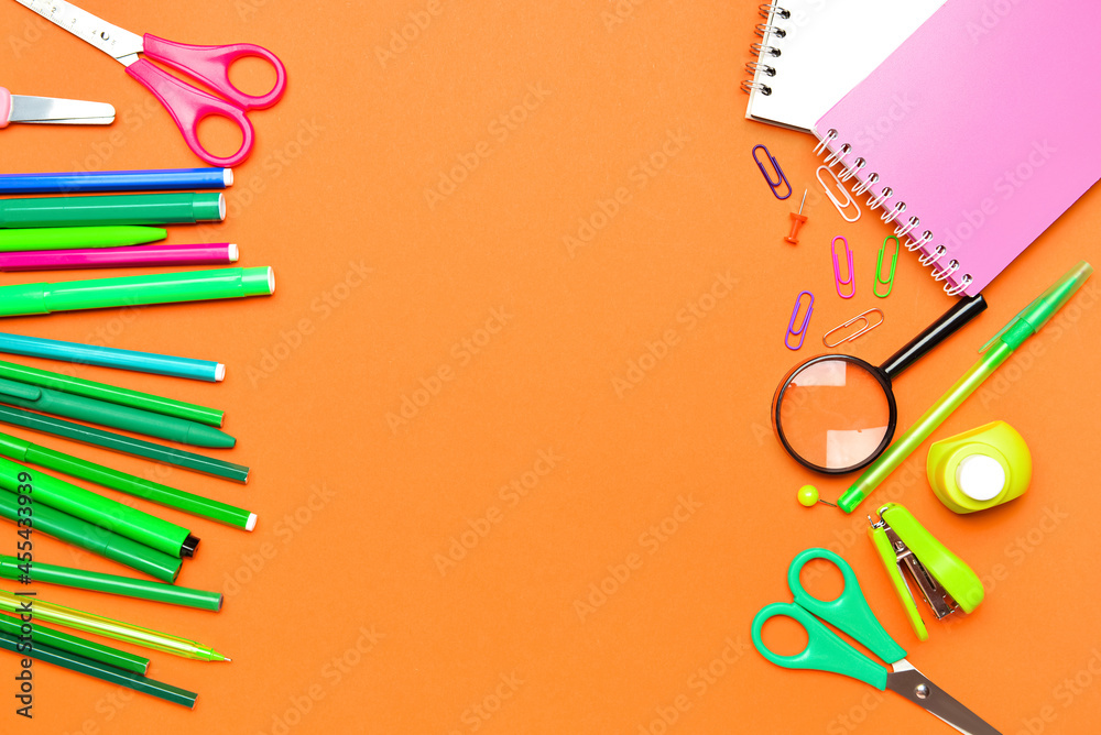 Set of stationery on color background