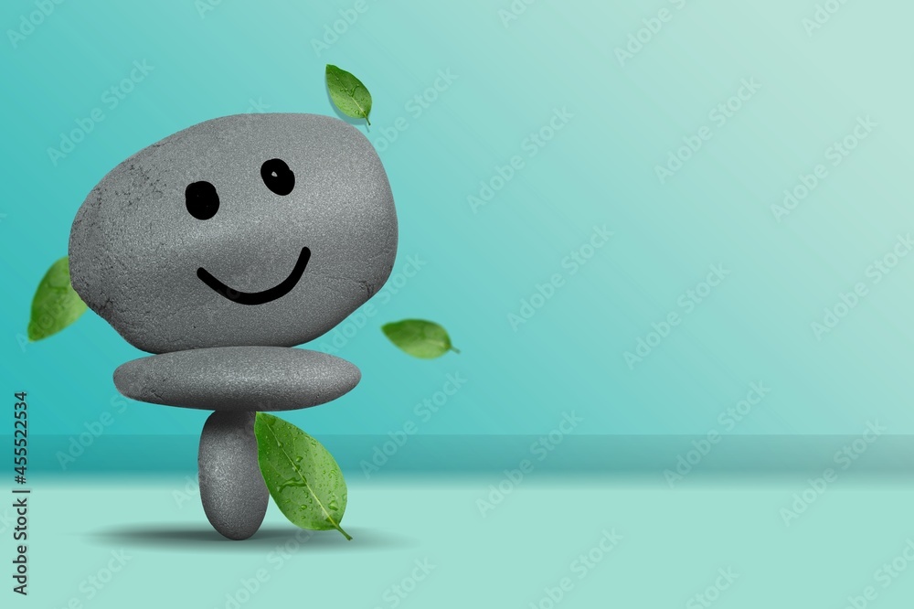 Enjoying Life, Harmony and Positive Mind Concept. Stack of Stones with Smiling Face Cartoon